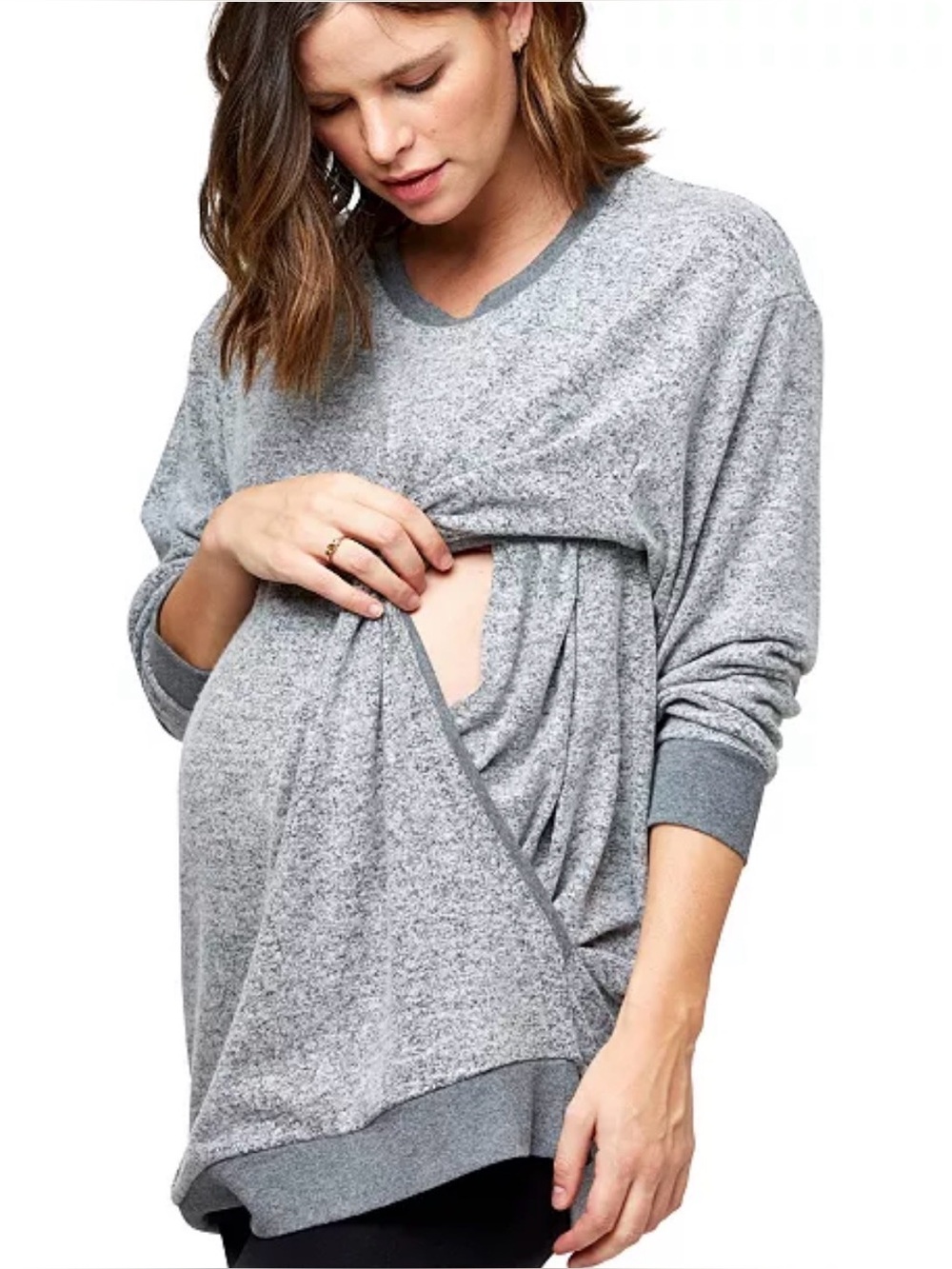 NOM Maternity Jo Cloud Knit Oversized Nursing Sweatshirt Tunic Grey L